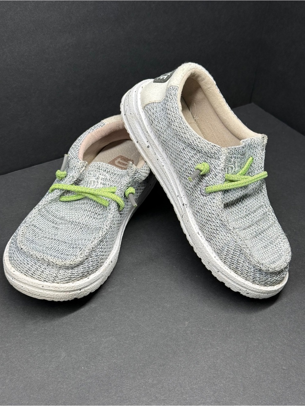 Hey Dude Kids Light Gray Knit Sneakers with Lime Green Laces